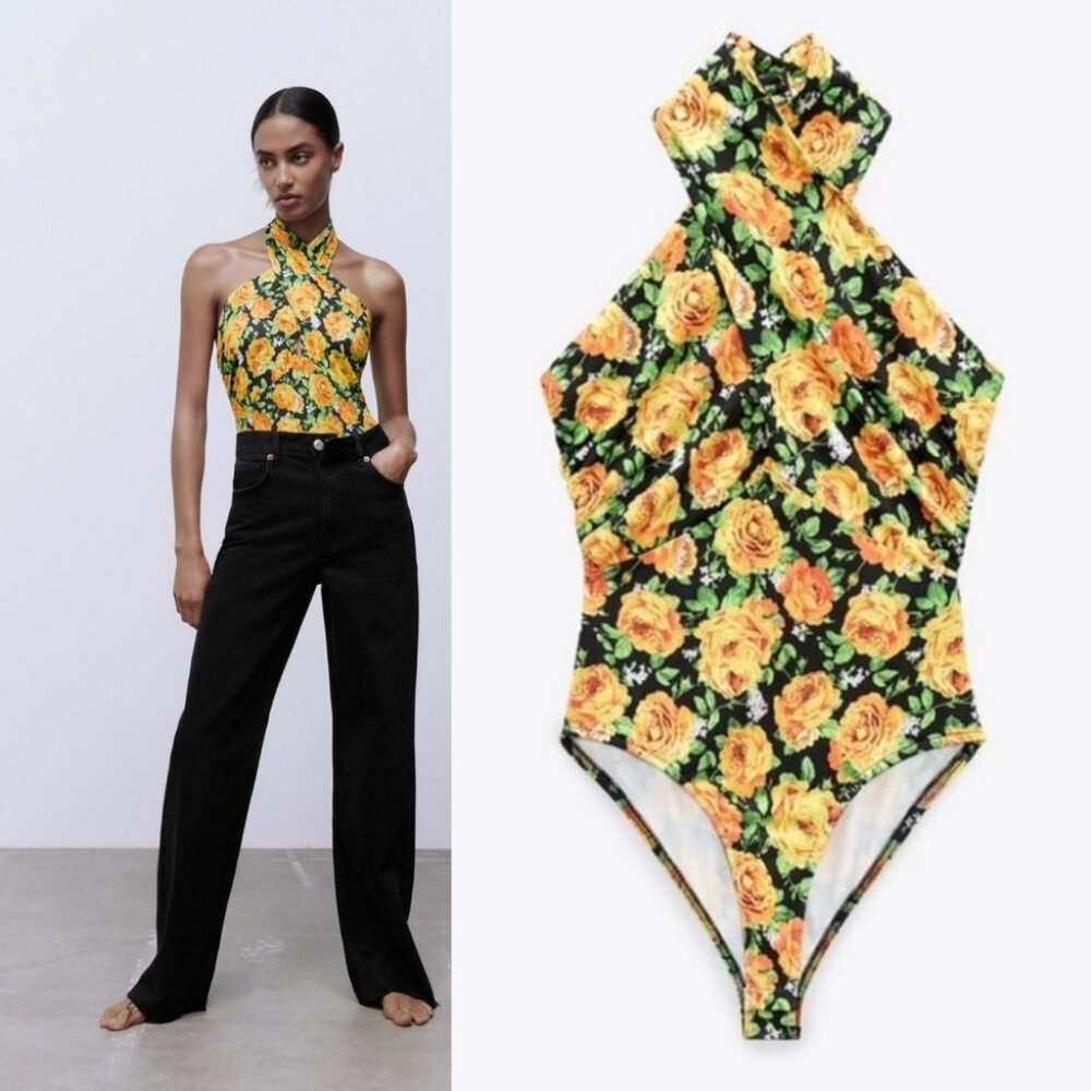 NWOT Zara Twist Cross Neck floral halter Top bodysuit size S/M  0264/455/056